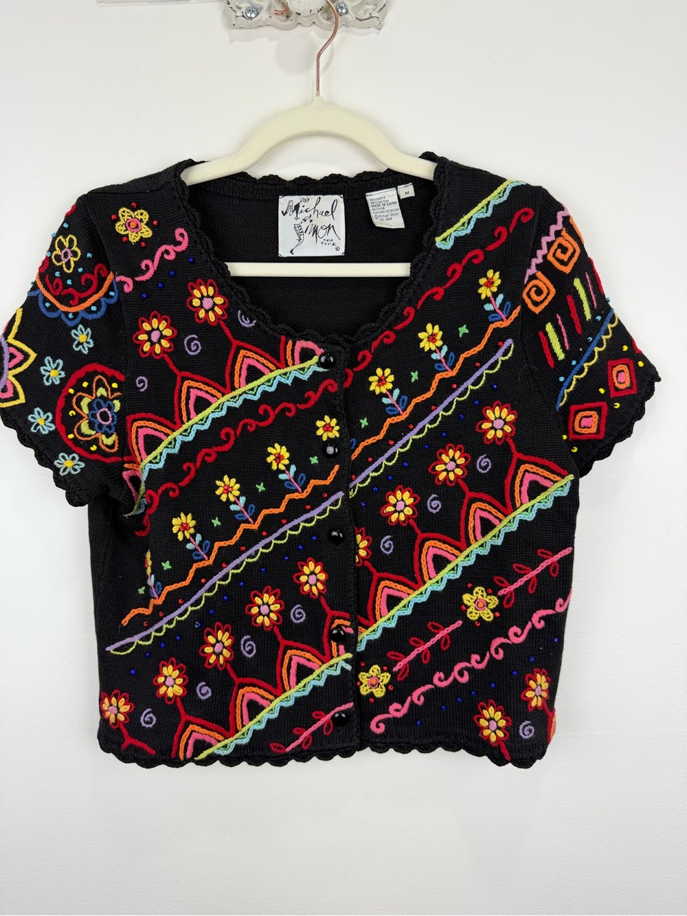 Vintage Michael Simon Embroidered Beaded Cardigan M 90s Art to Wear